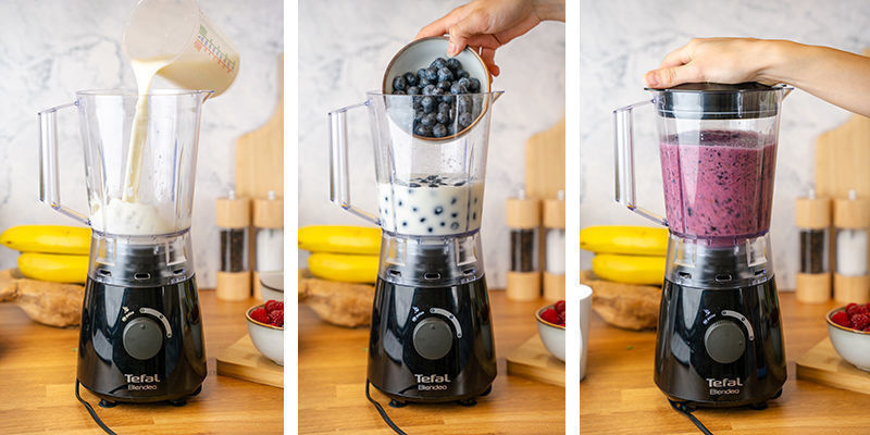Giet melk in de blender en doe de bosbessen er in delen bij. Pulseer tot het gemengd is.