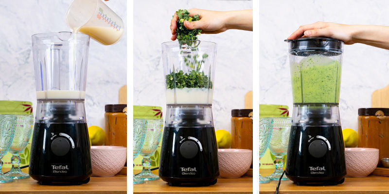 Voeg melk en boerenkool toe aan de blender en pulseer.