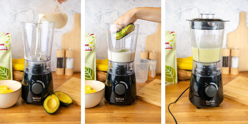 Giet melk in de blender en voeg geleidelijk gehakte avocado toe terwijl je pulseert.