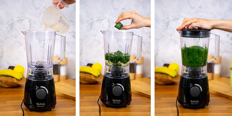 Voeg eerst het water en de spinazie toe aan de blender en gebruik de pulse-functie om ze te mengen.