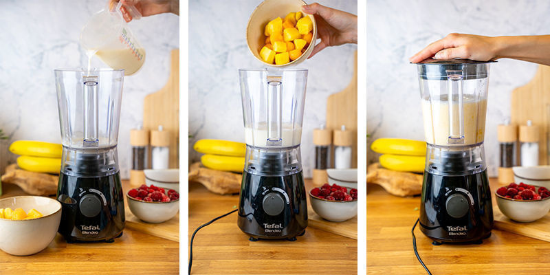 Voeg de melk en het fruit toe aan de blender en maak er een glad drankje van.