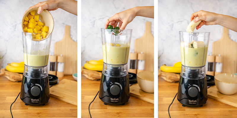Voeg bevroren spinazie, ananas en banaan toe aan het mengsel en blend tot een romige substantie.