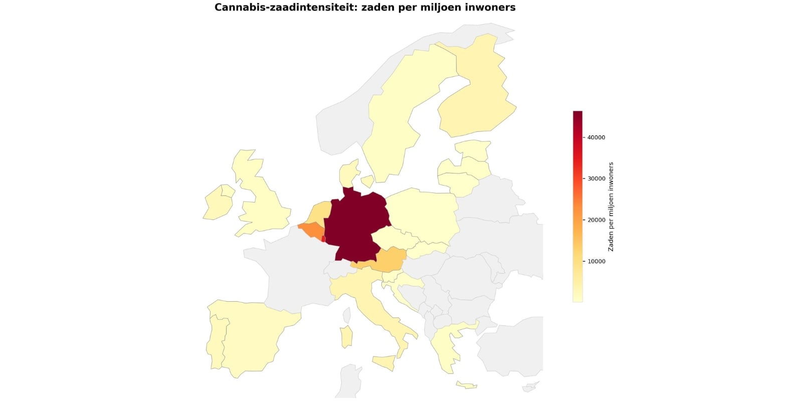 Figuur 1: Aankopen van cannabiszaden per hoofd van de bevolking in Europa.