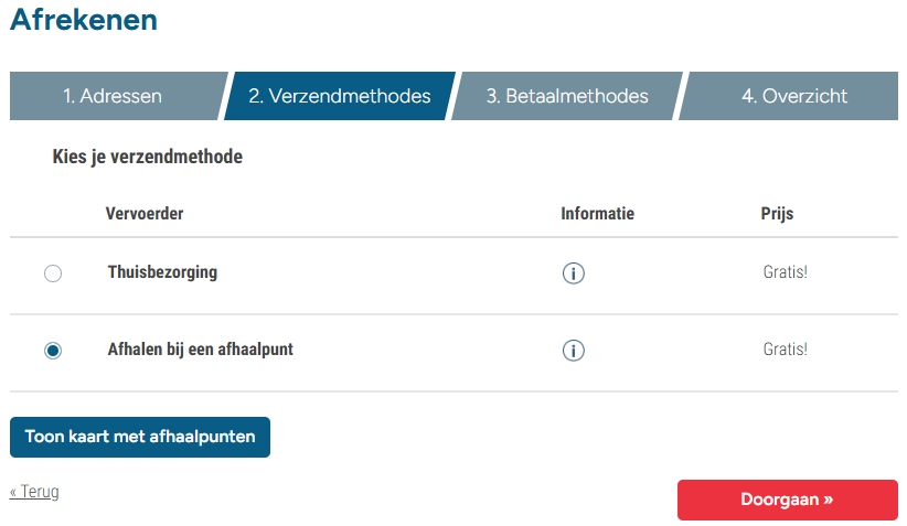 kies voor de ‘Levering bij afhaalpunt’ aflevermethode