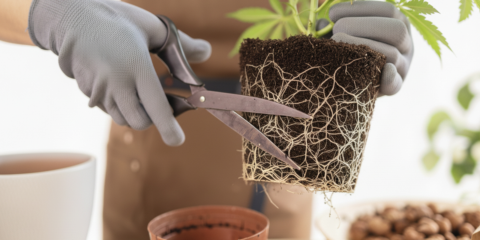 Optie 2: wortels snoeien in aarde Optie 2: wortels snoeien in aarde