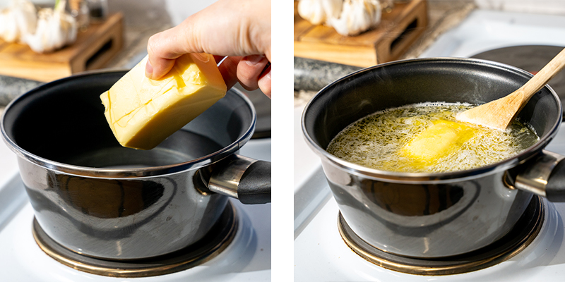 Als het water warm is (niet laten koken) voeg je alle boter toe.